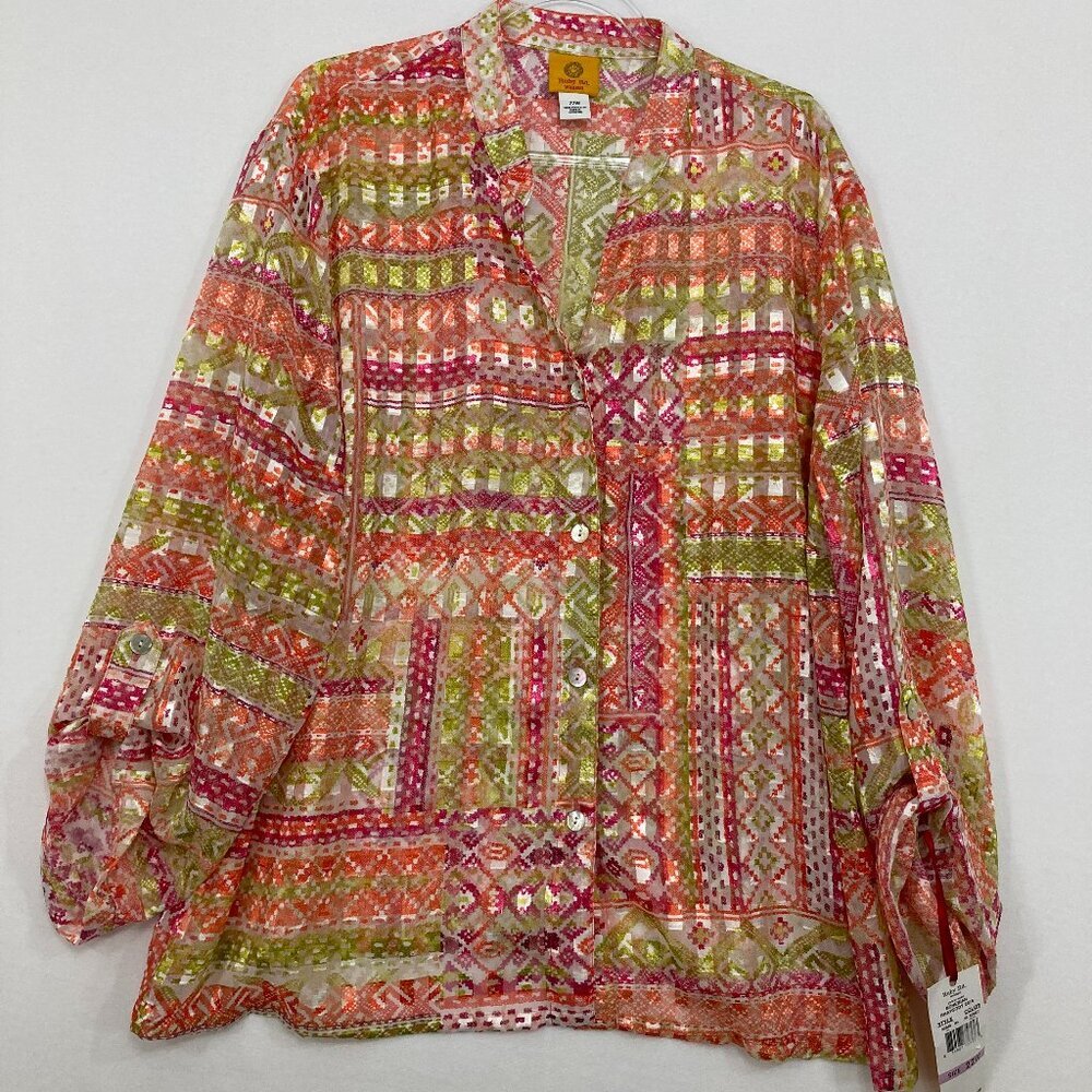 New Ruby Rd. size 22W Green Pink Colorful Artsy Textured Rolled Tab Button Down